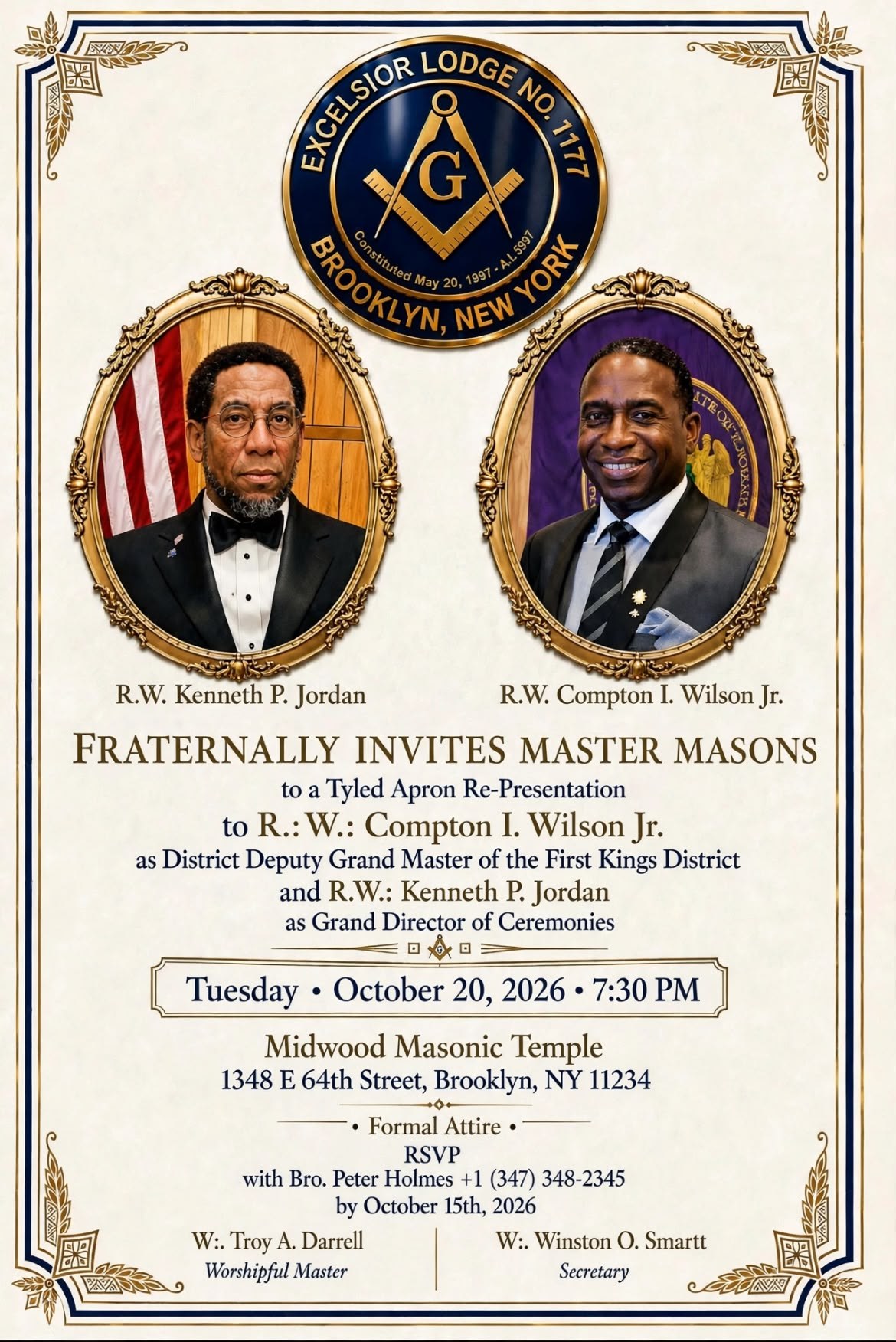 Flyer for the Tyled Apron Re-Presentation at Excelsior Lodge No. 1177 on Tuesday 20 October 2026